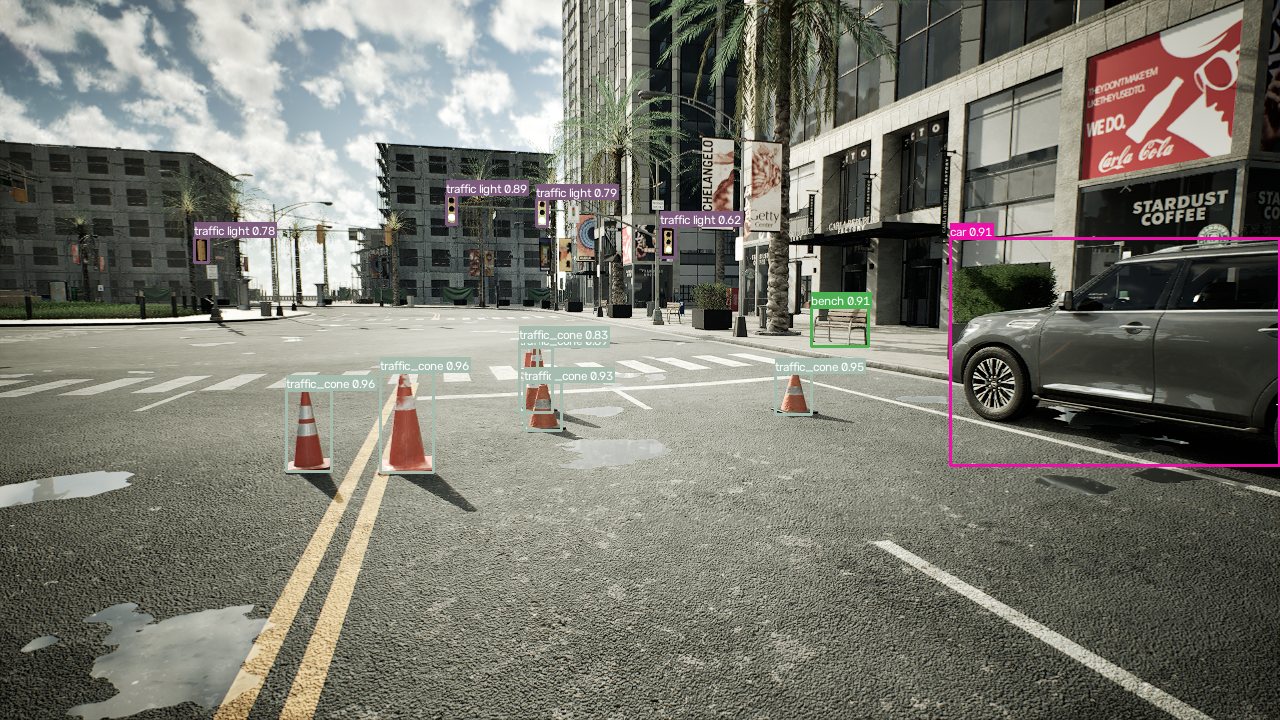yolox-pylon-l on a synthetic urban intersection with traffic cones detected in the foreground