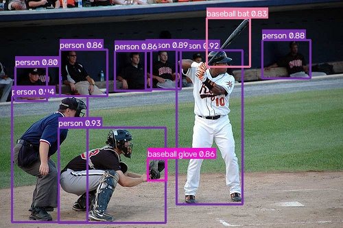 yolox-pylon-m on a real baseball scene: batter, catcher, umpire and spectators detected along with a baseball bat and glove