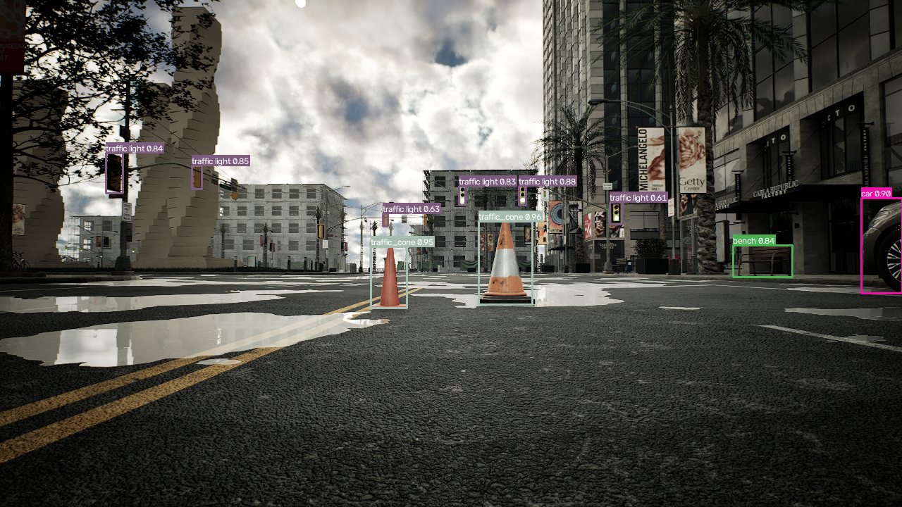yolox-pylon-m on a rain-wet synthetic city street: two traffic cones, multiple traffic lights, a bench and a car detected