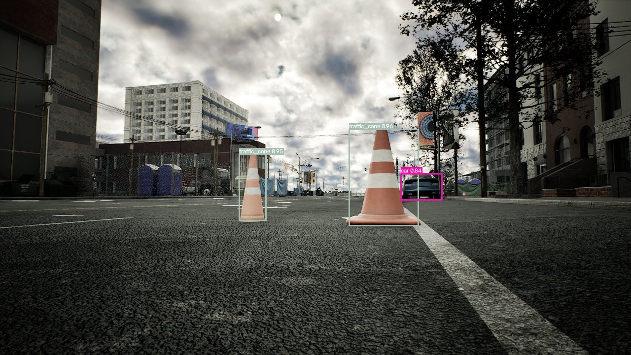 yolox-pylon-s on a synthetic urban street: two traffic cones detected at 0.96 and 0.95 confidence, a parked car at 0.84