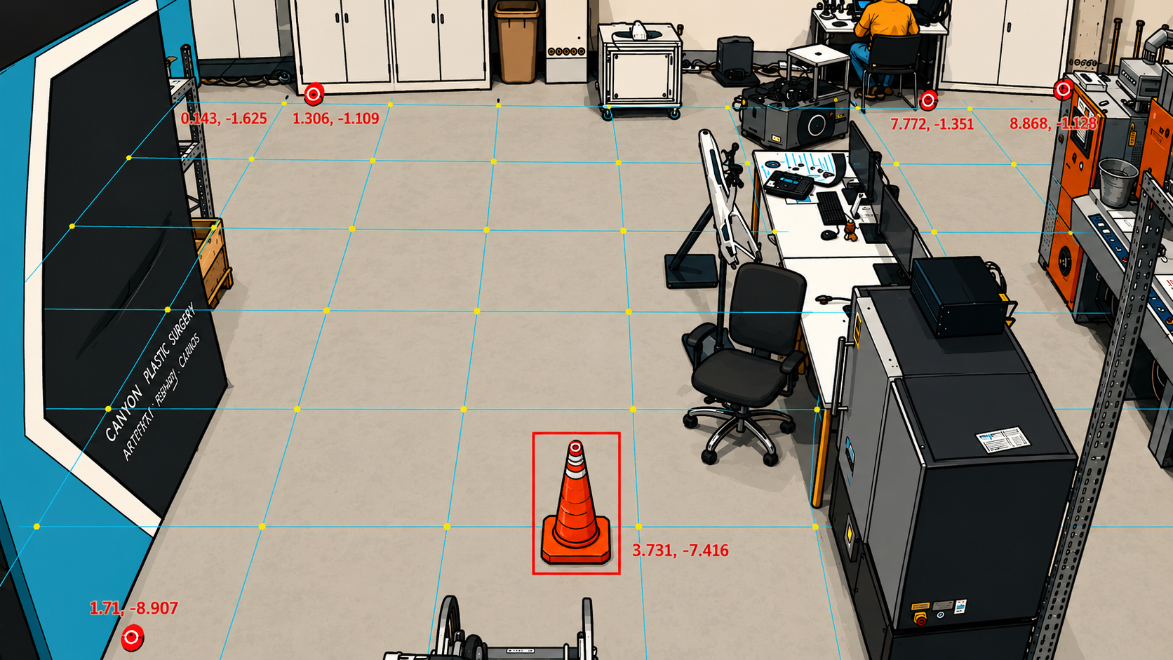 Live cam-04 feed with world-coordinate grid overlay — pixel-space inference fused with 5G/UWB positioning