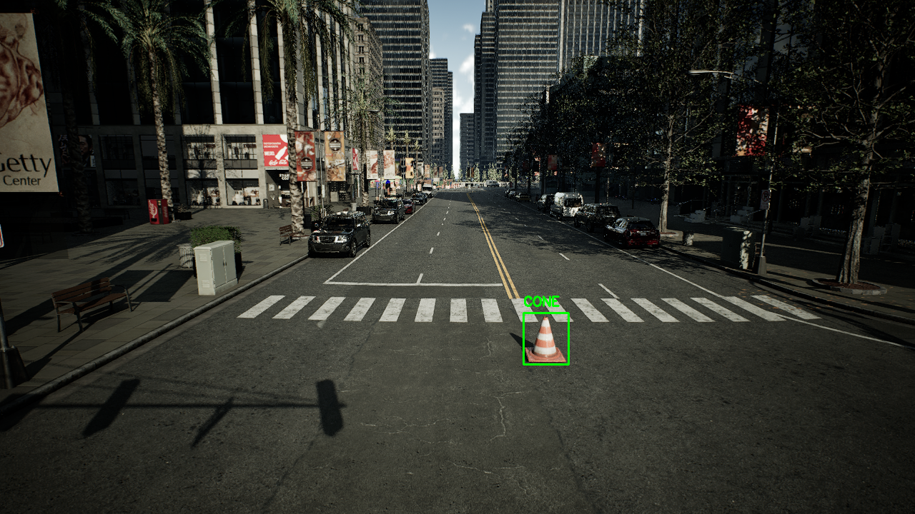 Photoreal Omniverse render of a traffic cone under randomised lighting and weather