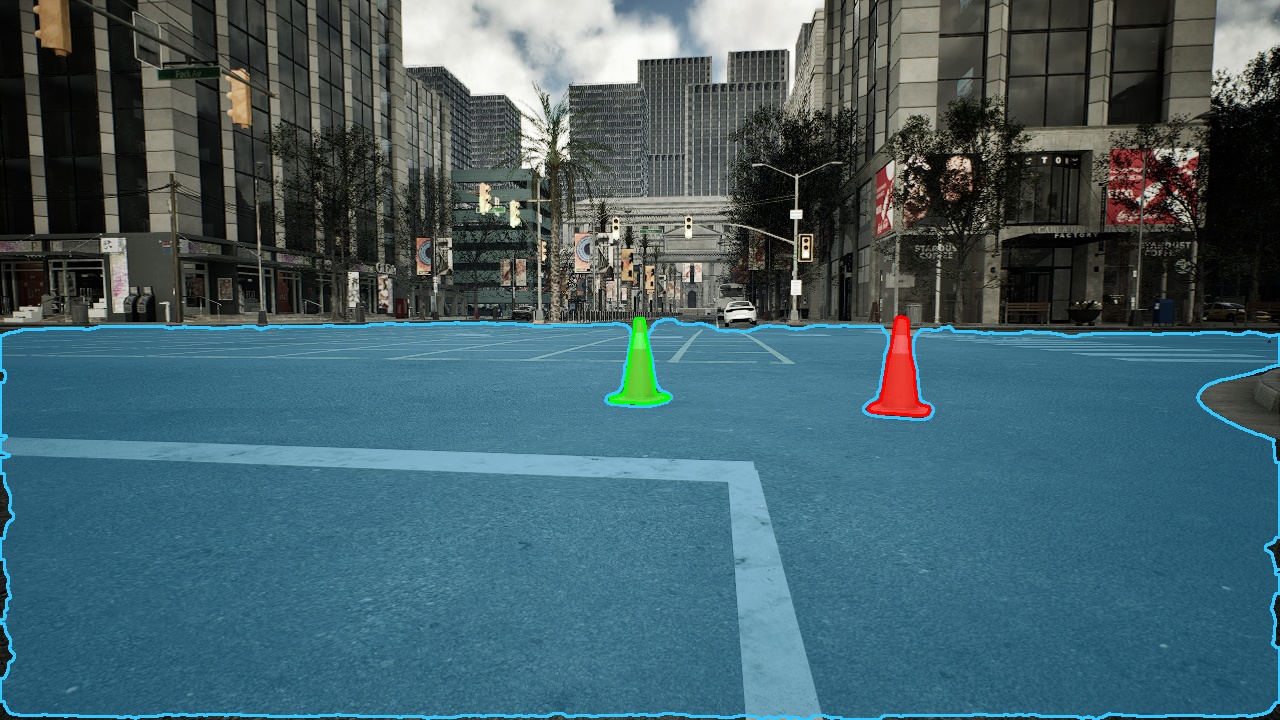 Rendered street scene with the drivable surface masked blue and two cones each masked in a separate colour