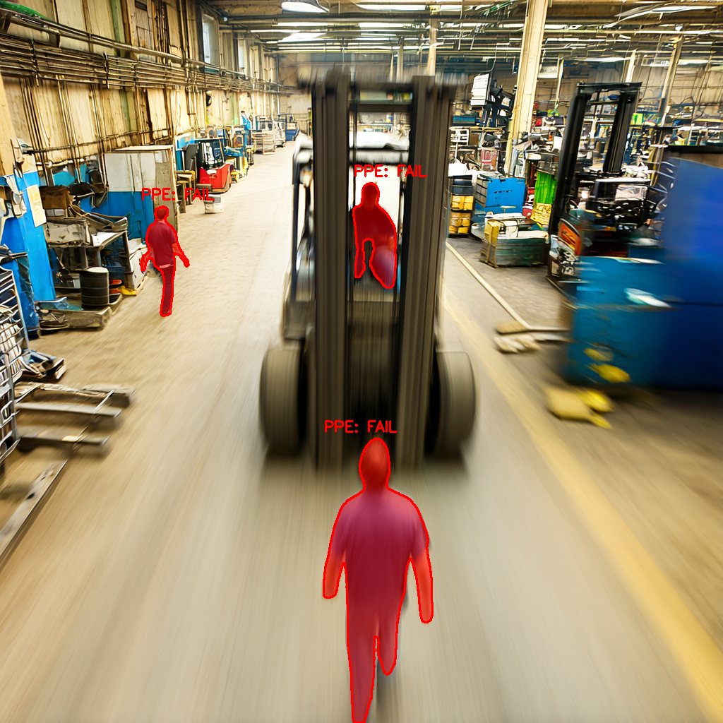 Forklift driving down an aisle with three workers in its path masked red