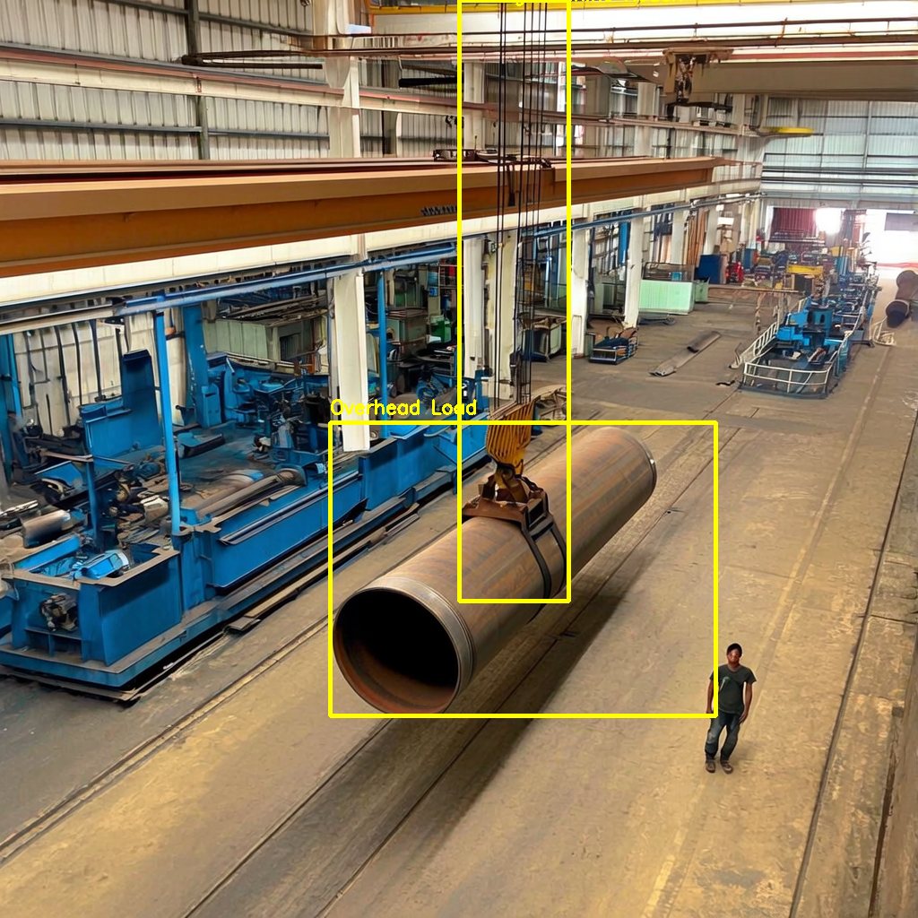 Steel pipe suspended from a crane boxed and labelled Overhead Load