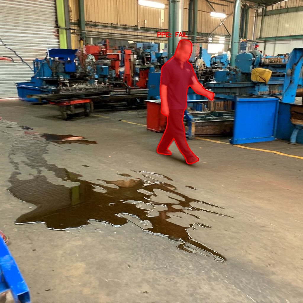 Workshop floor with an oil spill grounded as a hazard and the worker beside it masked red and flagged PPE FAIL