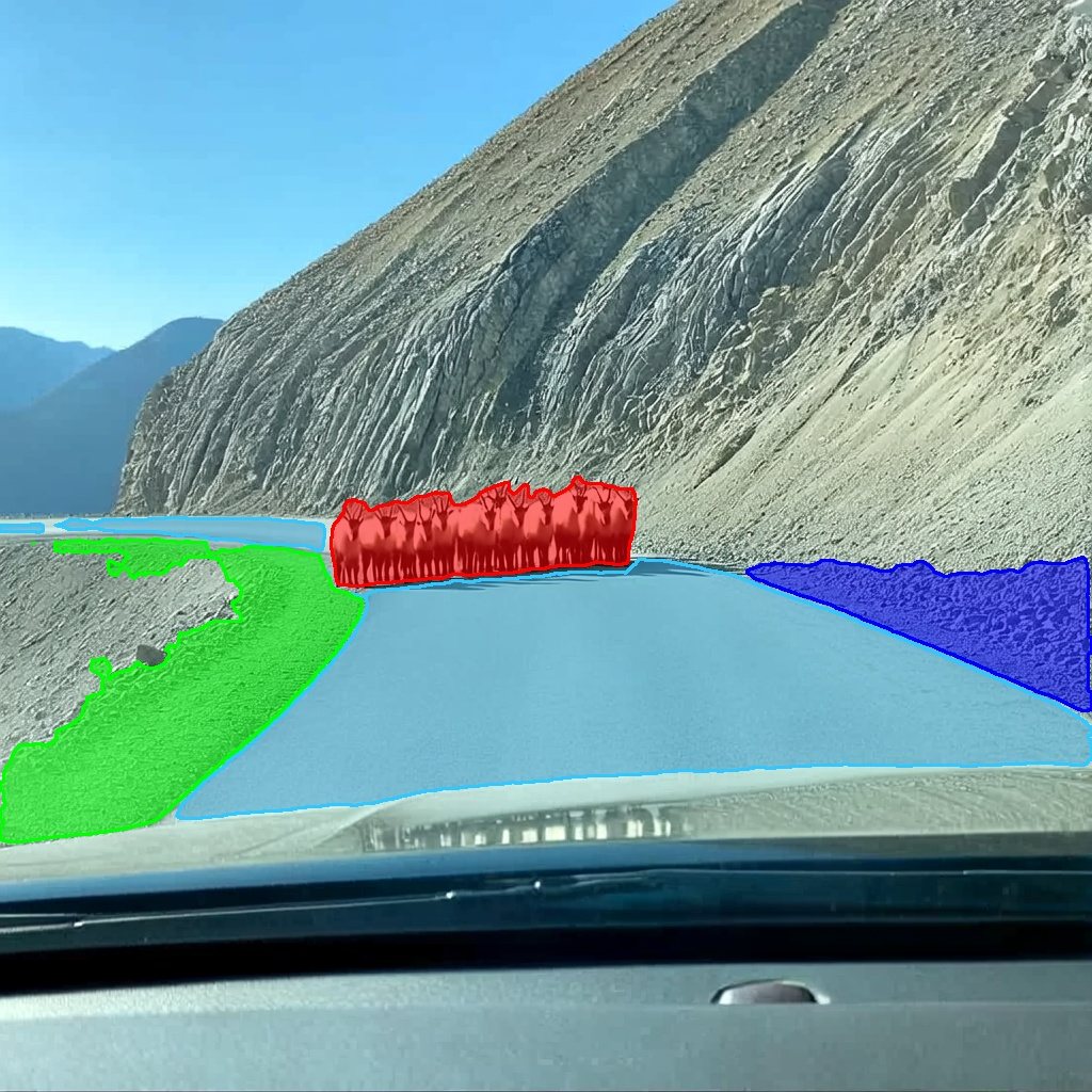 Herd of animals on a mountain road masked red with roadside rubble masked green and blue