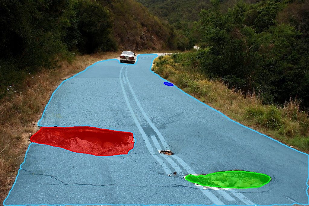 Road with the drivable surface tinted and a pothole masked