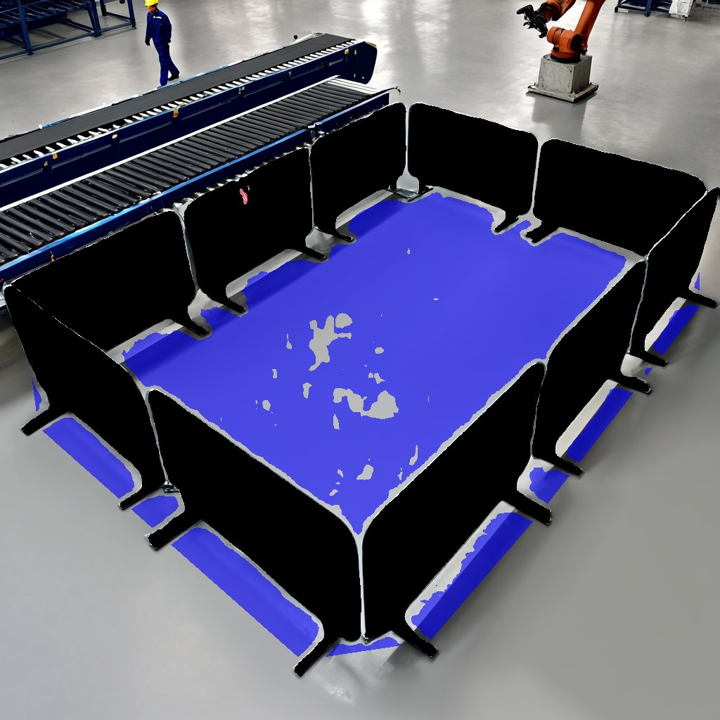 Metal crowd barriers around a work area, floor inside filled as a zone