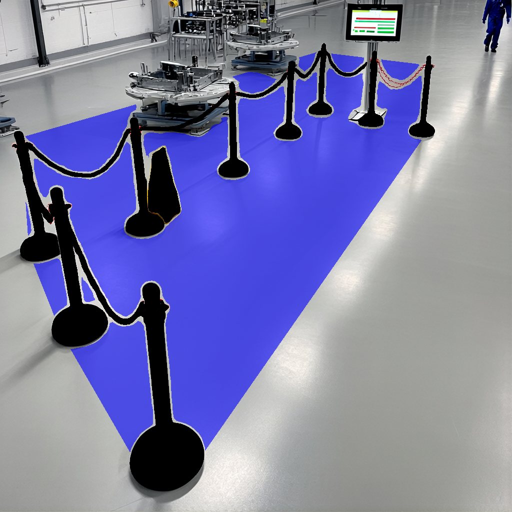 Belt stanchions around a machine cell, enclosed floor filled as a zone